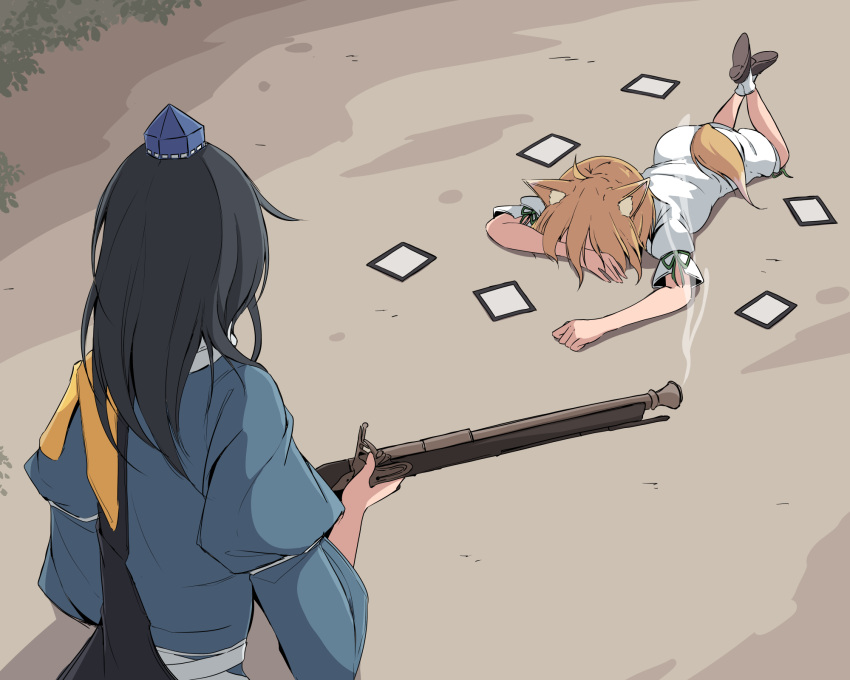 2girls, animal_ears, bag, black_hair, blue_dress, blue_hat, brown_hair, brown_shoes