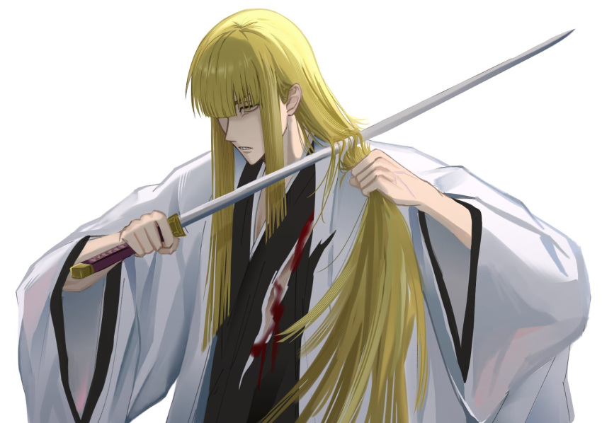 1boy, backlighting, bleach, bleach:_turn_back_the_pendulum, blonde_hair, blood, blood_on_clothes, blunt_bangs