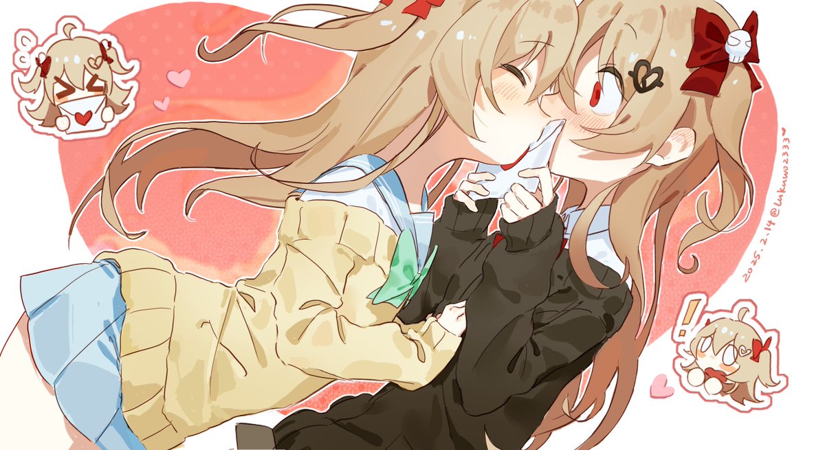 !, 2girls, artist_name, black_serafuku, blue_sailor_collar, blue_skirt, bow, brown_hair