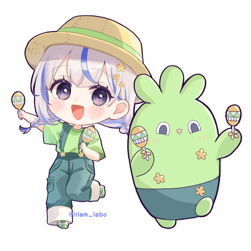 1girl, :d, absurdres, black_outline, blue_hair, blush, braid, chibi, commentary_request, foot_up, full_body, green_pants, green_shirt, grey_hair, hat, highres, holding, holding_instrument, holding_maracas, instrument, iriam, maracas, miria_(iriam), multicolored_hair, multicolored_shoes, open_mouth, outline, overalls, pants, rino_cnc, sabobon_(iriam), second-party_source, shirt, shoes, simple_background, smile, streaked_hair, tongue, twin_braids, twitter_username, two-tone_shoes, violet_eyes, white_background, white_shoes, yellow_hat