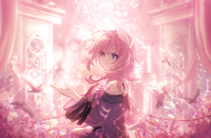 1girl, anlimil, bird, blue_eyes, chinese_commentary, coat, commentary_request, cyrene_(honkai:_star_rail), from_side, hair_ornament, highres, honkai:_star_rail, honkai_(series), indoors, looking_at_viewer, medium_hair, pink_hair, pink_theme, purple_coat, smile