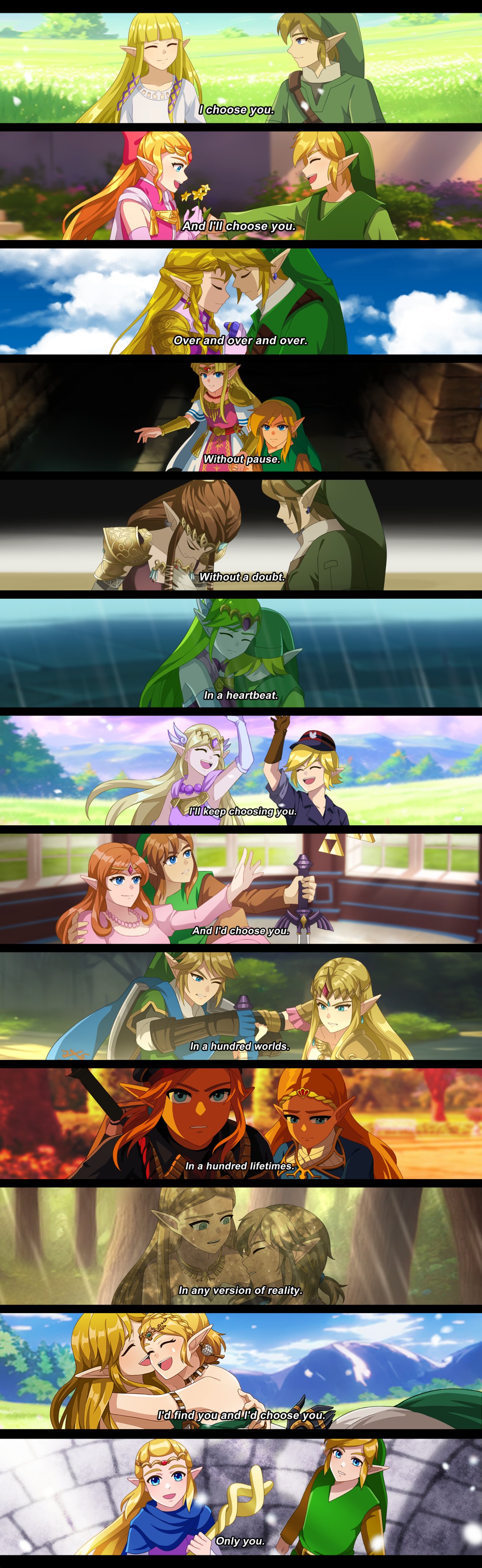 6+boys, absurdres, blonde_hair, blue_eyes, braid, circlet, cloak, english_text, fuwafuwallen, green_thighhighs, hashtag-only_commentary, highres, holding, holding_staff, hyrule_warriors, jewelry, link, long_hair, mage_staff, multiple_boys, multiple_girls, official_alternate_costume, official_alternate_hairstyle, open_mouth, pointy_ears, princess_zelda, smile, staff, subtitled, the_legend_of_zelda, the_legend_of_zelda:_a_link_between_worlds, the_legend_of_zelda:_breath_of_the_wild, the_legend_of_zelda:_echoes_of_wisdom, the_legend_of_zelda:_four_swords, the_legend_of_zelda:_ocarina_of_time, the_legend_of_zelda:_skyward_sword, the_legend_of_zelda:_spirit_tracks, the_legend_of_zelda:_tears_of_the_kingdom, the_legend_of_zelda:_the_wind_waker, the_legend_of_zelda:_twilight_princess, thigh-highs, toon_link, toon_zelda, tri_rod, tunic