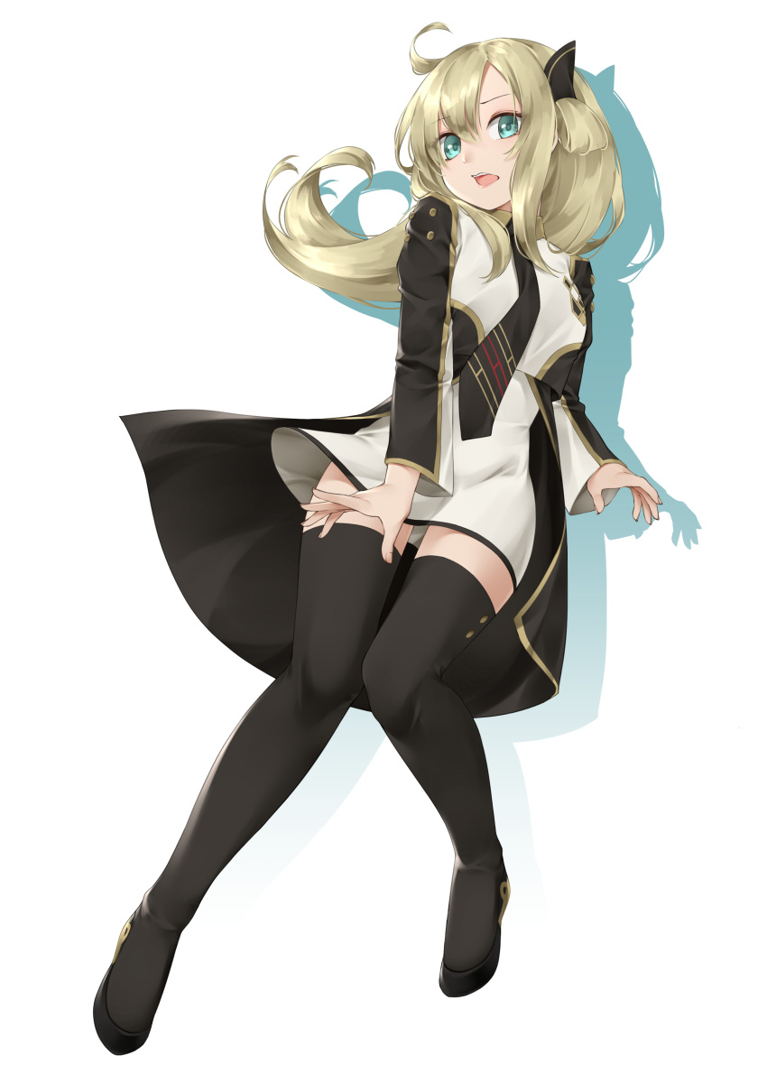 1girl, absurdres, ahoge, ascot, black_thighhighs, blonde_hair, dress, green_eyes, hair_ornament, highres, long_hair, long_sleeves, looking_at_viewer, meshida_(lux-far-accelerator), open_mouth, simple_background, sky_striker_ace_-_raye, solo, teeth, thigh-highs, upper_teeth_only, white_dress, yu-gi-oh!, zettai_ryouiki