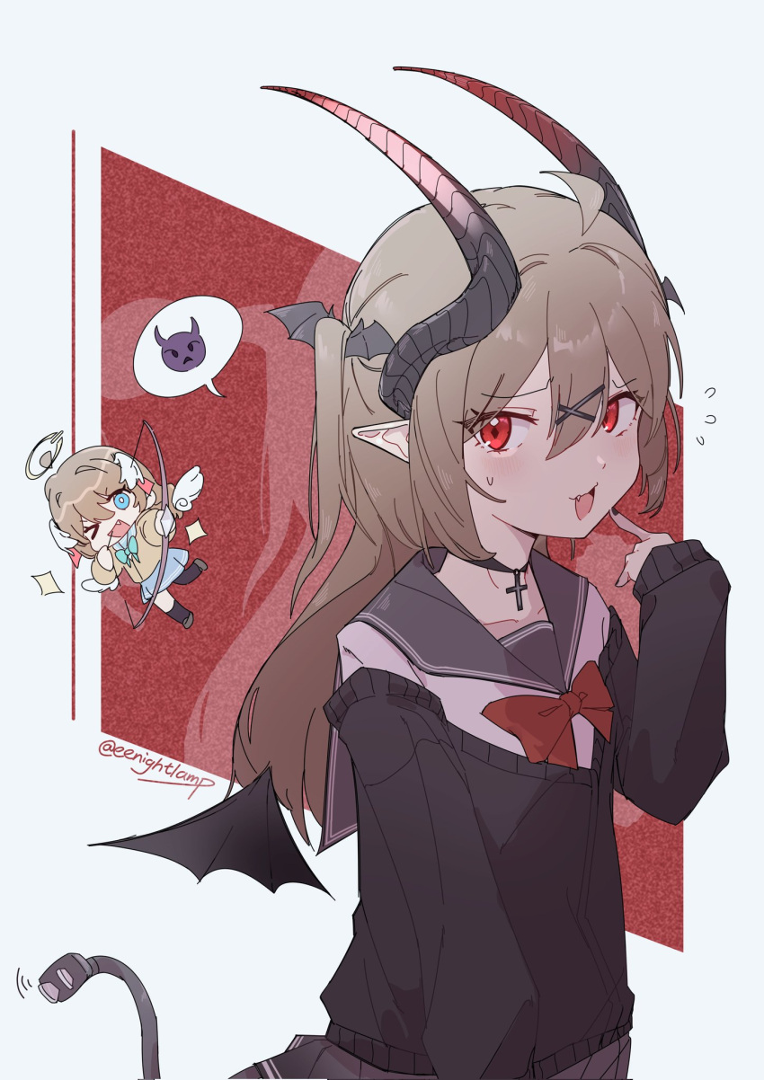 >_o, 2girls, ahoge, aqua_bow, aqua_bowtie, artist_name, asymmetrical_legwear, black_horns, black_nails, black_sailor_collar, black_serafuku, black_skirt, black_socks, black_thighhighs, black_wings, blue_eyes, blue_skirt, bow, bow_(weapon), bowtie, brown_hair, cable, chibi, commentary, cross, cross_necklace, demon_girl, demon_horns, demon_wings, eenightlamp, english_commentary, evil_neuro-sama, fang, from_side, gradient_horns, hair_between_eyes, halo, hand_up, highres, holding, holding_bow_(weapon), holding_weapon, horns, index_finger_raised, indie_virtual_youtuber, jewelry, long_hair, multicolored_horns, multiple_girls, necklace, neuro-sama, one_eye_closed, open_mouth, pleated_skirt, pointy_ears, red_bow, red_bowtie, red_eyes, red_horns, sailor_collar, school_uniform, serafuku, shirt, siblings, single_sock, single_thighhigh, skirt, socks, speech_bubble, sweatdrop, thigh-highs, twins, two_side_up, uneven_legwear, virtual_youtuber, weapon, white_shirt, white_wings, wing_hair_ornament, wings, yellow_serafuku