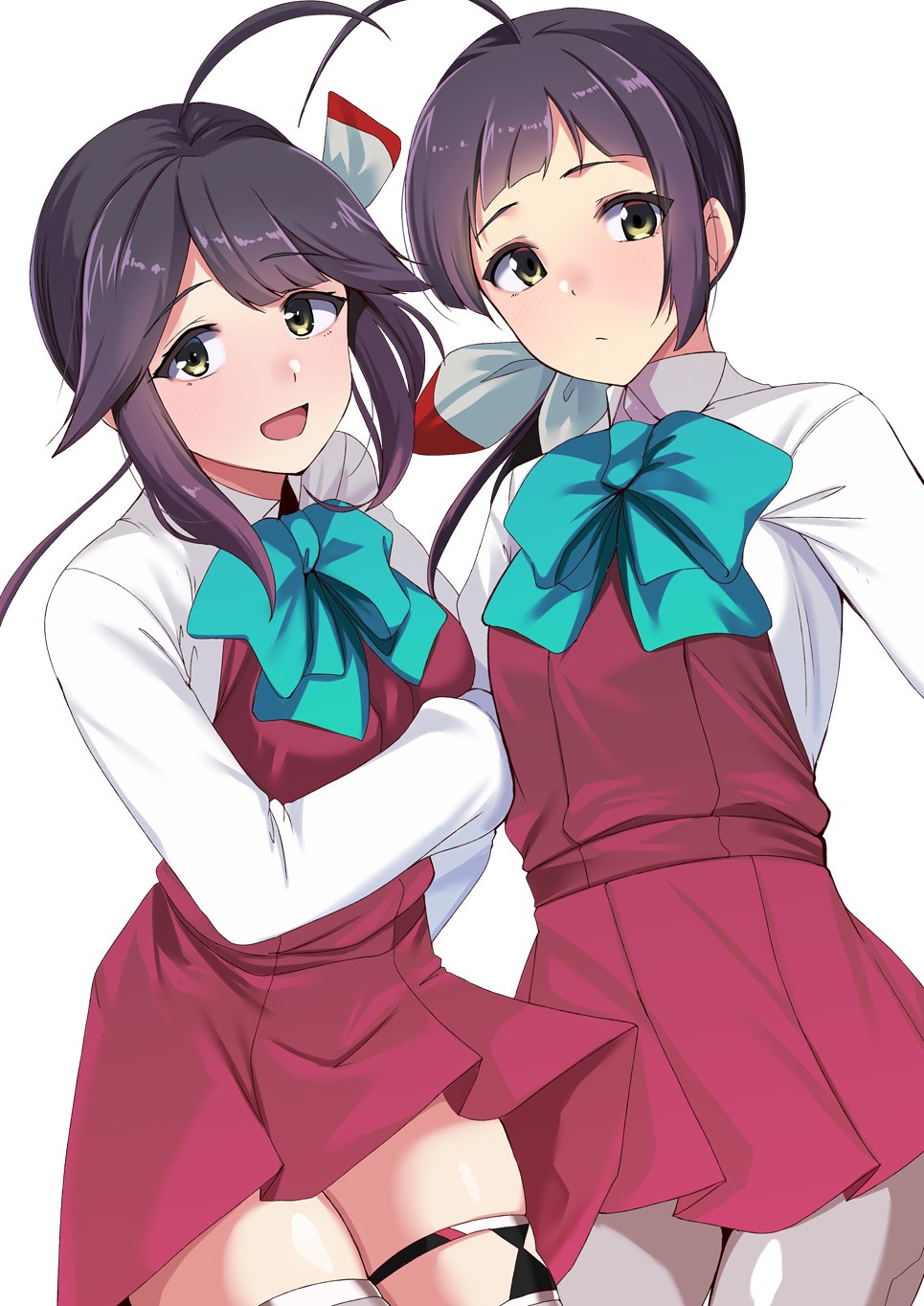 2girls, ahoge, aqua_bow, aqua_bowtie, asymmetrical_bangs, black_hair, bow, bowtie