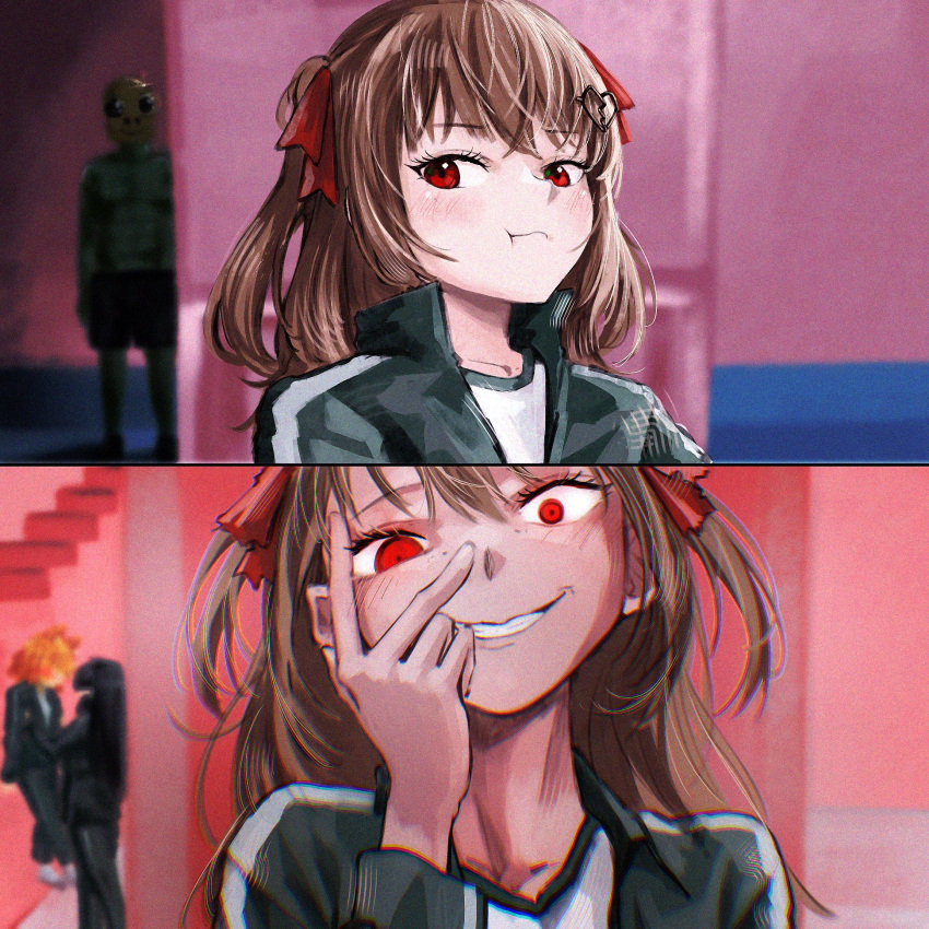 1boy, 3girls, :t, bodysuit, brown_hair, cat_girl, closed_mouth, commentary