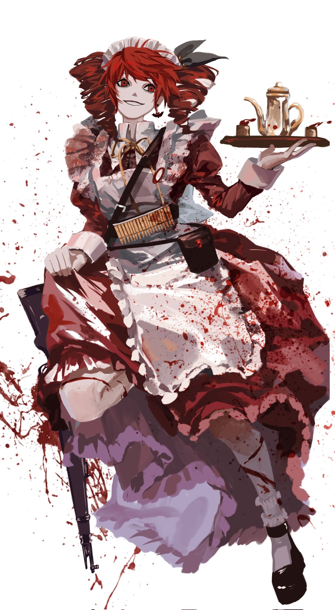 1girl, alternate_costume, apron, black_bow, black_hair, blood, bow, collared_dress