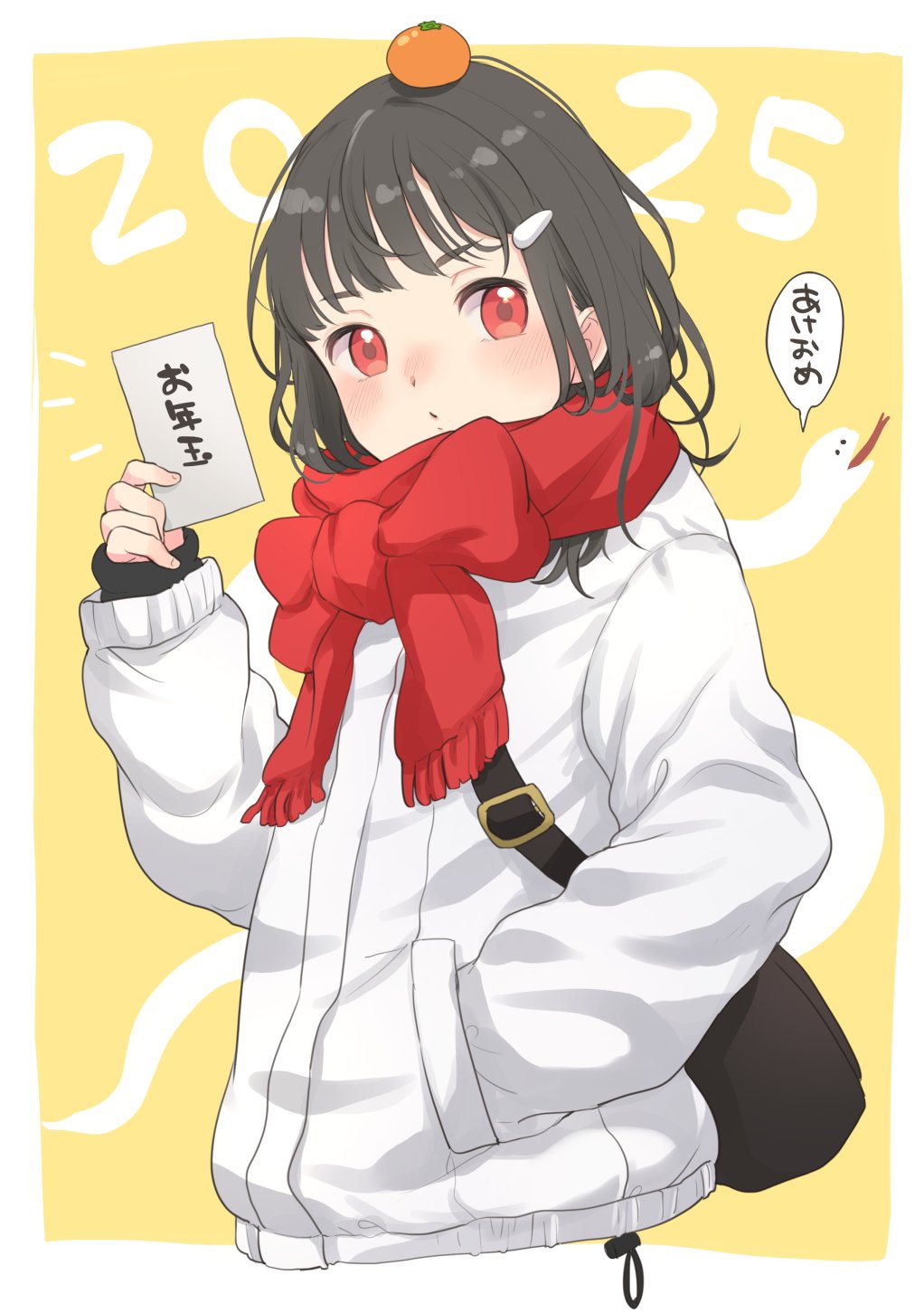 1girl, 2025, bag, black_hair, blush, chinese_zodiac, commentary_request, food
