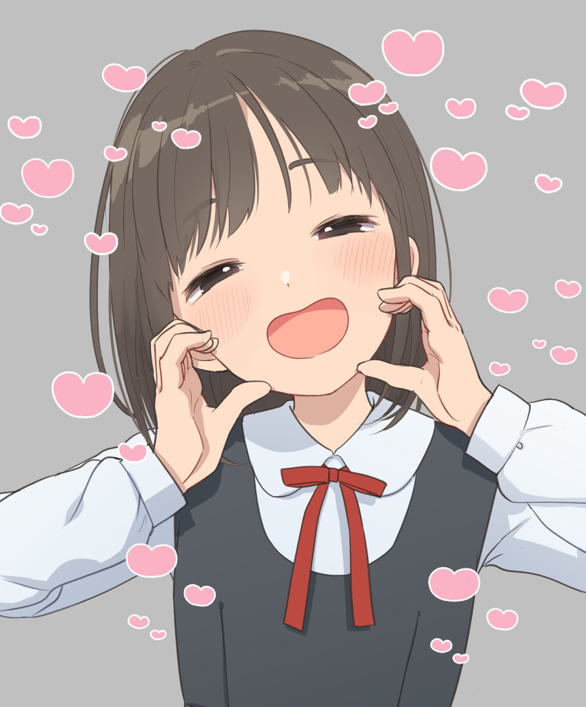 1girl, black_eyes, blush, brown_hair, collared_shirt, dress, grey_background, half-closed_eyes