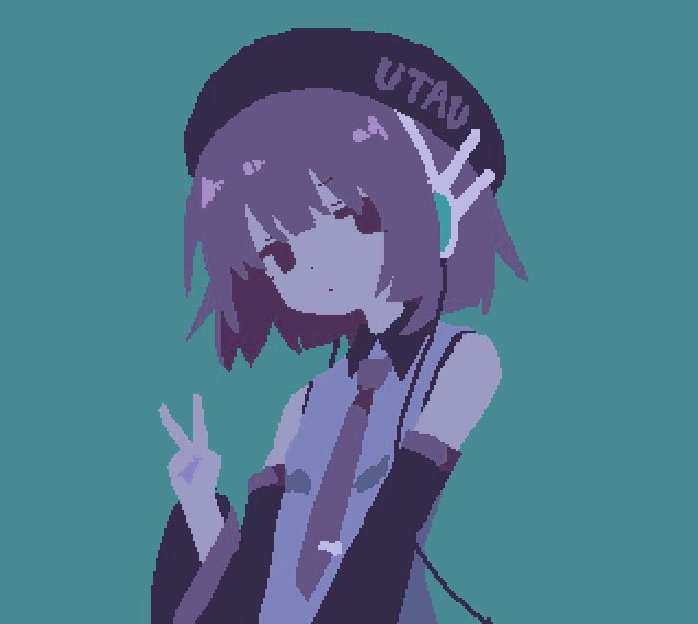 1girl, aqua_background, beret, detached_sleeves, hand_up, hat, headphones, jaggy_lines, long_sleeves, looking_at_viewer, necktie, no_lineart, purple_hair, purple_necktie, shirt, short_hair, simple_background, sleeveless, sleeveless_shirt, solo, sparseseethe, upper_body, utane_uta, utau, v