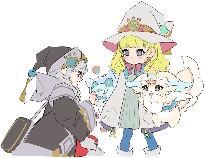 2girls, animal, astellar_of_the_white_forest, bag, blonde_hair, blue_eyes, blue_pantyhose, blush, creature, diabellstar_the_black_witch, diabellze_the_original_sinkeeper, duel_monster, elzette_of_the_white_forest, fluffy_tail, hat, highres, jacket, large_ears, monocle, multiple_girls, pantyhose, purrely, red_cucumber, red_pantyhose, sitting, standing, tail, white_background, white_hair, witch_hat, yu-gi-oh!, yummy_snatchy