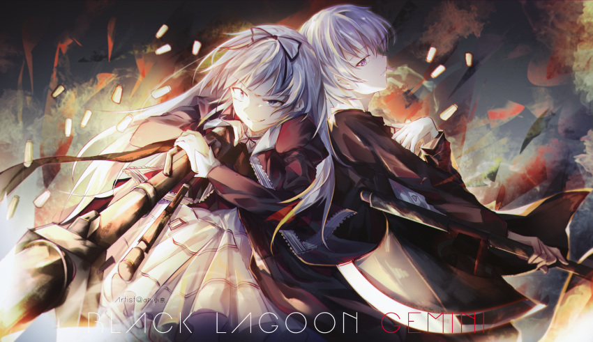 1boy, 1girl, axe, black_dress, black_jacket, black_lagoon, brother_and_sister, dress