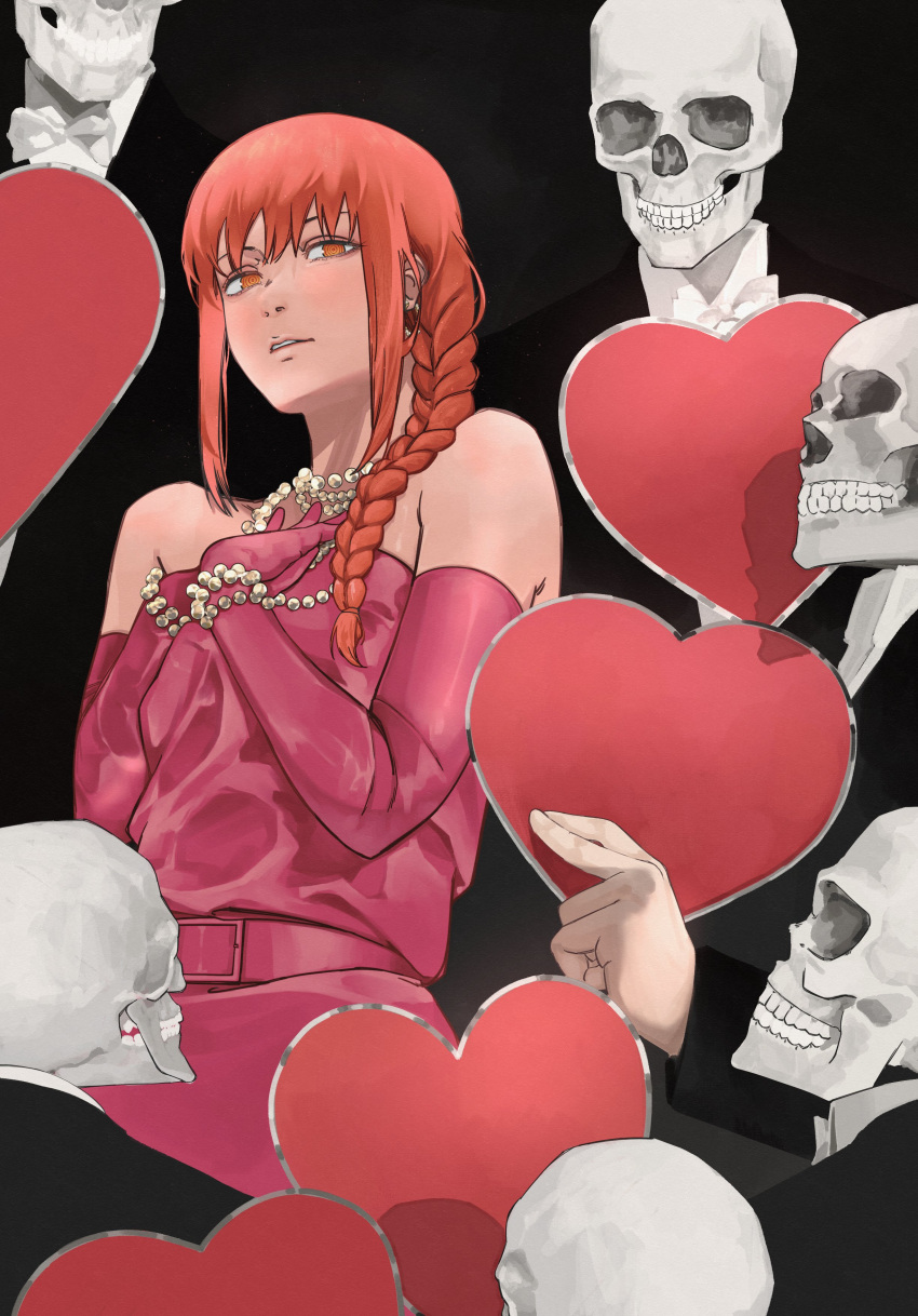 1girl, 5others, absurdres, black_suit, braid, chainsaw_man, dakaeya, dress