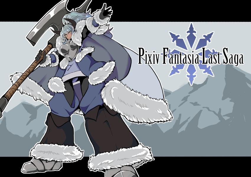 1girl, absurdres, armor, axe, black_gloves, black_hair, breastplate, coat, copyright_name, dark-skinned_female, dark_skin, full_body, fur-trimmed_coat, fur_trim, giant, giantess, gloves, grey_hair, highres, holding, holding_axe, pixiv_fantasia, pixiv_fantasia_last_saga, solo, standing, steel-toe_boots, vigna_vivironina, yellow_eyes