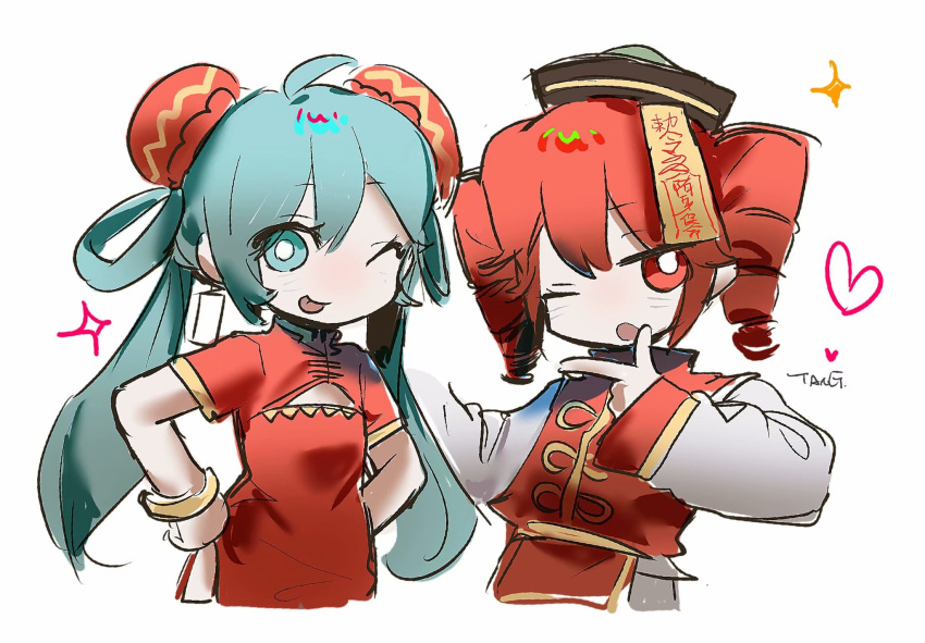 2girls, black_hair, blue_eyes, bright_pupils, chinese_clothes, dress, dress_shirt, drill_hair