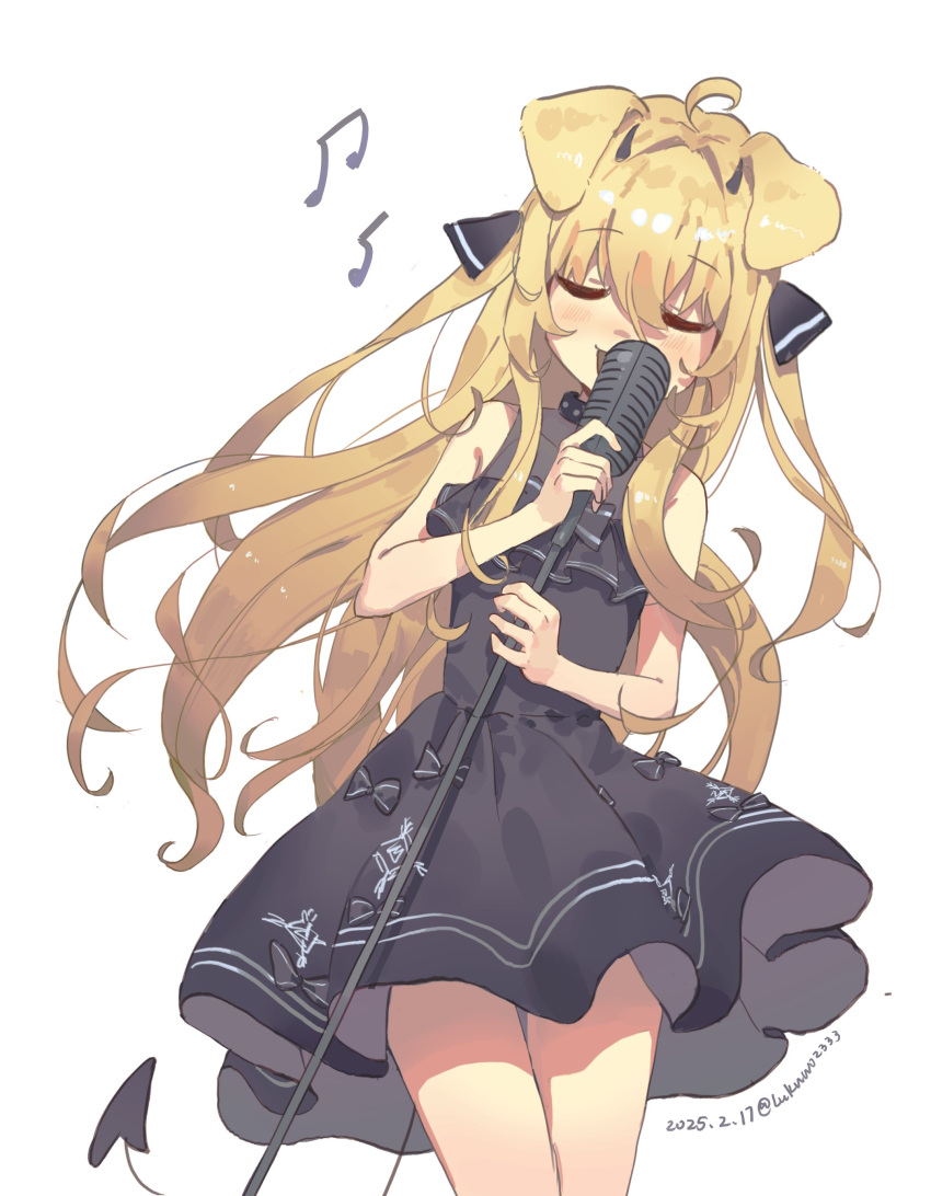 1girl, absurdres, animal_ears, black_dress, black_tail, blonde_hair, cerber_(vtuber), closed_eyes