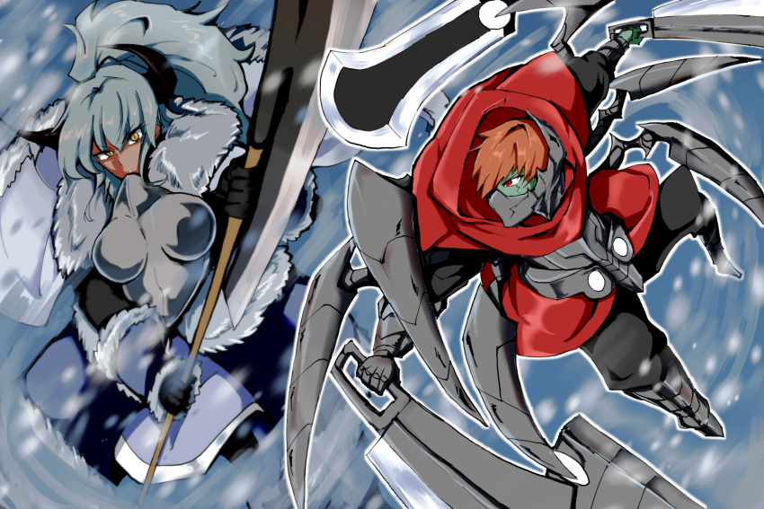 1boy, 1girl, armor, axe, black_gloves, black_horns, boots, brown_eyes, brown_hair, coat, colored_skin, fur-trimmed_coat, fur_trim, gauntlets, gloves, green_skin, grey_hair, highres, holding, holding_axe, holding_sword, holding_weapon, horns, pixiv_fantasia, pixiv_fantasia_last_saga, red_eyes, snowing, solena_the_zombie_(pixiv_fantasia_last_saga), sword, uhouho1991_(winterkinezumi), vigna_vivironina, weapon