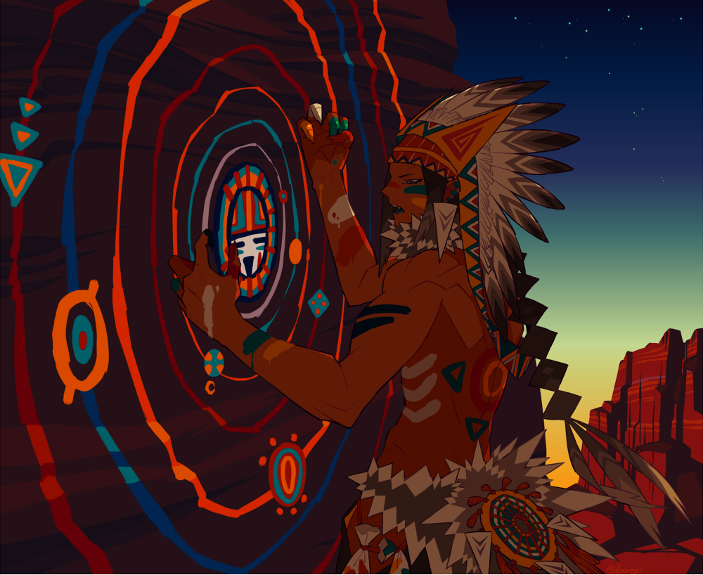 1boy, bodypaint, braid, brown_eyes, brown_hair, canyon, commentary_request, dark-skinned_male