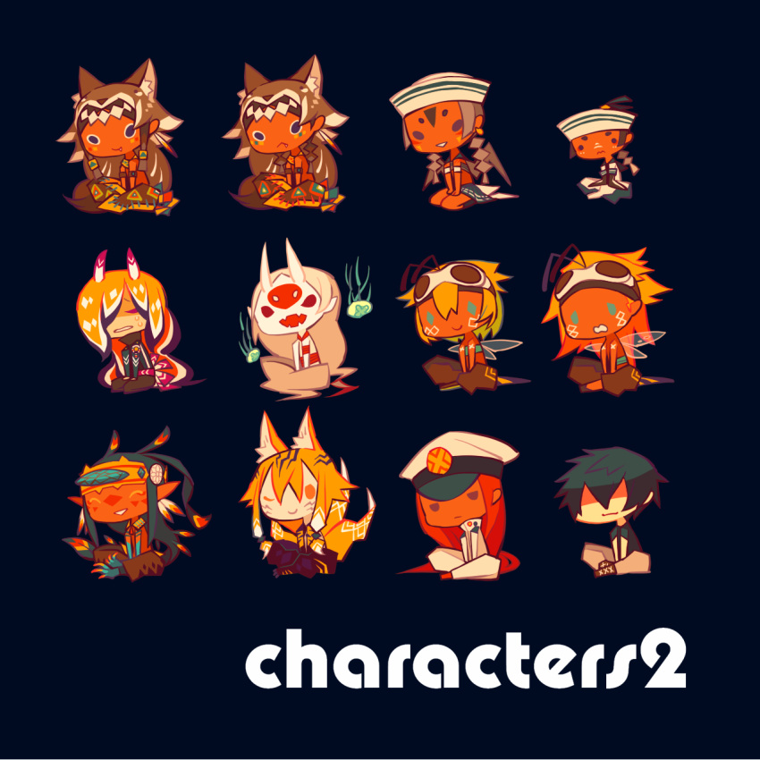 3girls, 6+boys, animal_ears, antennae, arthropod_boy, arthropod_girl, bee_boy, bee_girl, bird_girl, bird_wings, black_background, brown_background, chibi, coyote_boy, eda, english_text, fox_boy, fox_ears, fox_tail, full_body, ghost, highres, indian_style, insect_wings, kitsune, looking_at_viewer, multiple_boys, multiple_girls, native_american, original, pelt, sailor, sea_angel_boy, sea_slug_boy, simple_background, sitting, tail, wings