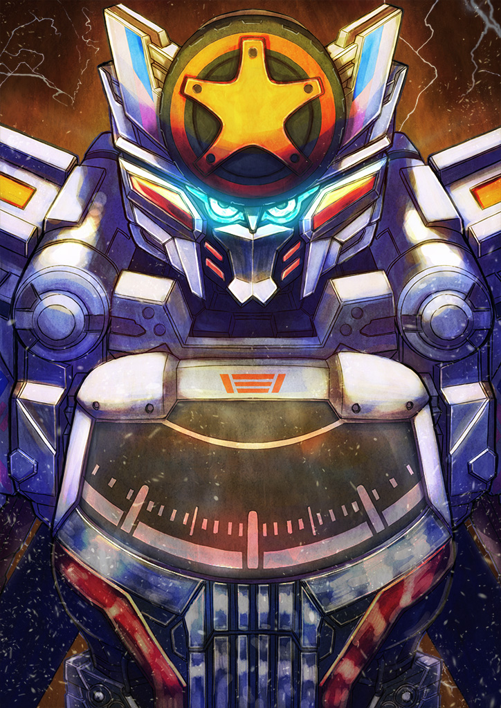 bakuage_sentai_boonboomger, boonboomger_robo, bundorio_bunderas, energy, glowing, glowing_eyes, irisu_haniwa, mecha, mecha_focus, no_humans, robot, super_robot, super_sentai, tokusatsu, wheel