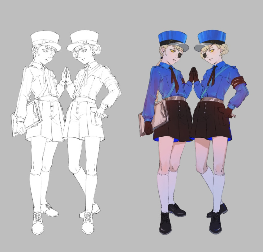 2girls, armband, black_shorts, blonde_hair, blue_shirt, braid, braided_ponytail, caroline_(persona_5)