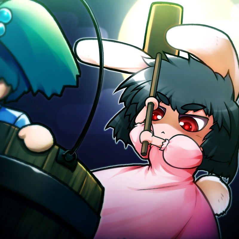 :<, animal_ears, black_hair, bucket, bunny_ears, bunny_tail, cff, chibi