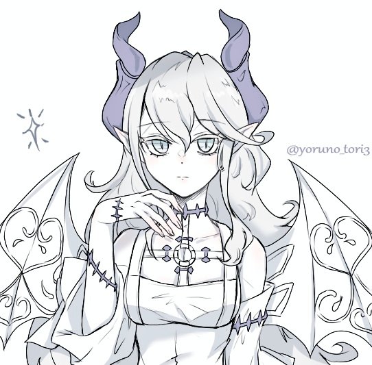 1girl, collarbone, demon_horns, demon_wings, dress, duel_monster, hair_between_eyes, horns, lady_labrynth_of_the_silver_castle, long_hair, lovely_labrynth_of_the_silver_castle, o-ring, pale_skin, pointy_ears, scar, star_(symbol), twitter_username, upper_body, white_background, white_hair, wings, yoruno_tori3, yu-gi-oh!, yu-gi-oh!_master_duel