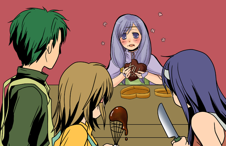 1boy, 3girls, blush, chocolate, fire_emblem, fire_emblem:_akatsuki_no_megami, fire_emblem:_souen_no_kiseki, fransowa_s, ilyana, knife, long_hair, male, mia, mia_(fire_emblem), mist_(fire_emblem), multiple_girls, oscar, oscar_(fire_emblem), purple_eyes, purple_hair, short_hair, valentine, violet_eyes, wayu