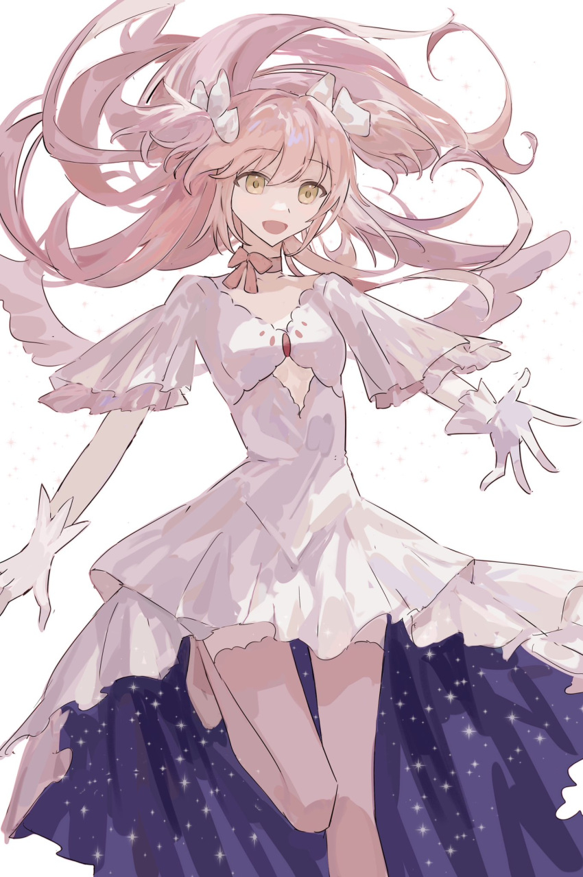 1girl, bow, bow_choker, breasts, center_opening, choker, dongxunyu, dress, floating_hair, foot_out_of_frame, frilled_sleeves, frills, gloves, goddess_madoka, hair_bow, hashtag-only_commentary, highres, kaname_madoka, layered_dress, layered_sleeves, long_hair, mahou_shoujo_madoka_magica, mahou_shoujo_madoka_magica_(anime), multiple_hair_bows, open_mouth, outstretched_arm, pink_choker, pink_hair, pink_thighhighs, short_sleeves, simple_background, small_breasts, solo, standing, standing_on_one_leg, starry_sky_print, thigh-highs, two_side_up, white_background, white_bow, white_dress, white_gloves, wings, yellow_eyes