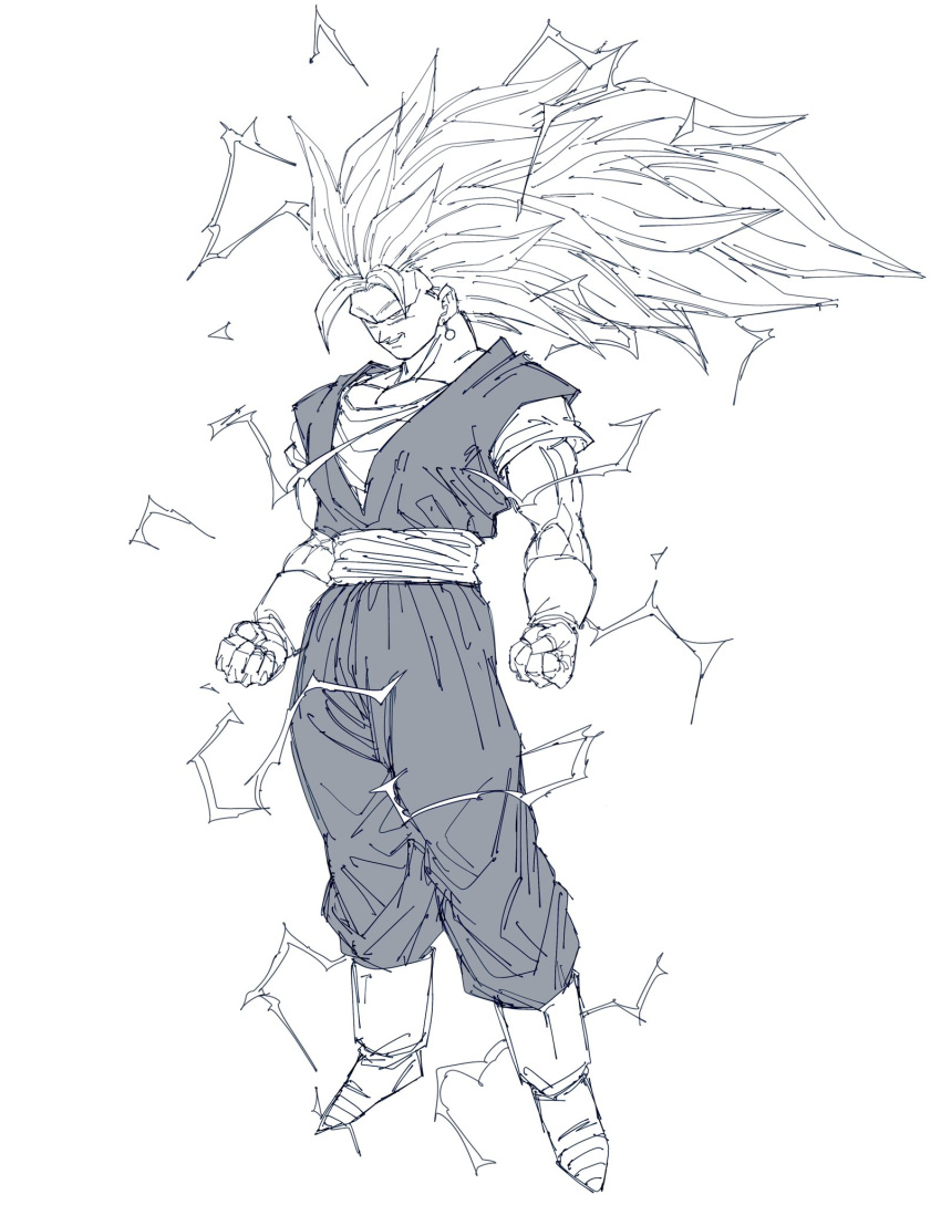 1boy, boots, clenched_hands, dougi, dragon_ball, dragon_ball_z, earrings, electricity, full_body, gamma_no_3, gloves, greyscale, highres, jewelry, long_hair, monochrome, potara_earrings, sash, simple_background, sketch, solo, spiky_hair, vegetto, white_background