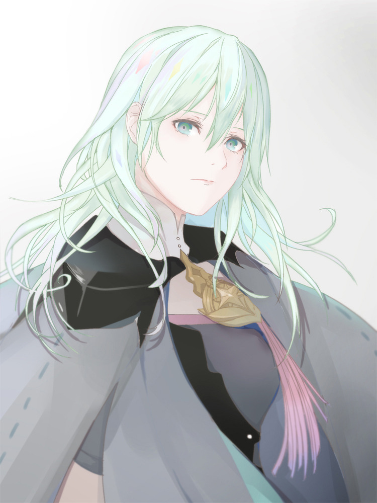 1girl, black_shirt, breasts, byleth_(female)_(enlightened)_(fire_emblem), byleth_(female)_(fire_emblem), byleth_(fire_emblem), closed_mouth, commentary, english_commentary, expressionless, fire_emblem, fire_emblem:_three_houses, green_eyes, green_hair, hair_between_eyes, looking_at_viewer, medium_hair, official_alternate_hair_color, raphim-thille, shirt, solo