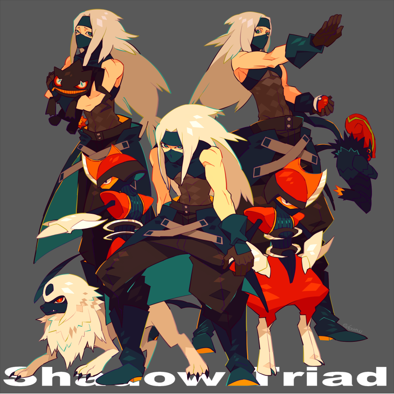 3boys, absol, accelgor, baggy_pants, banette, bisharp, blonde_hair, character_request