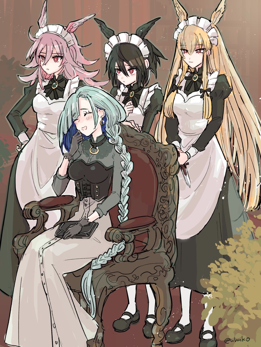4girls, apron, aqua_hair, black_dress, black_hair, blonde_hair, brynhild_(fate), brynhild_(valkyrie_style)_(fate)