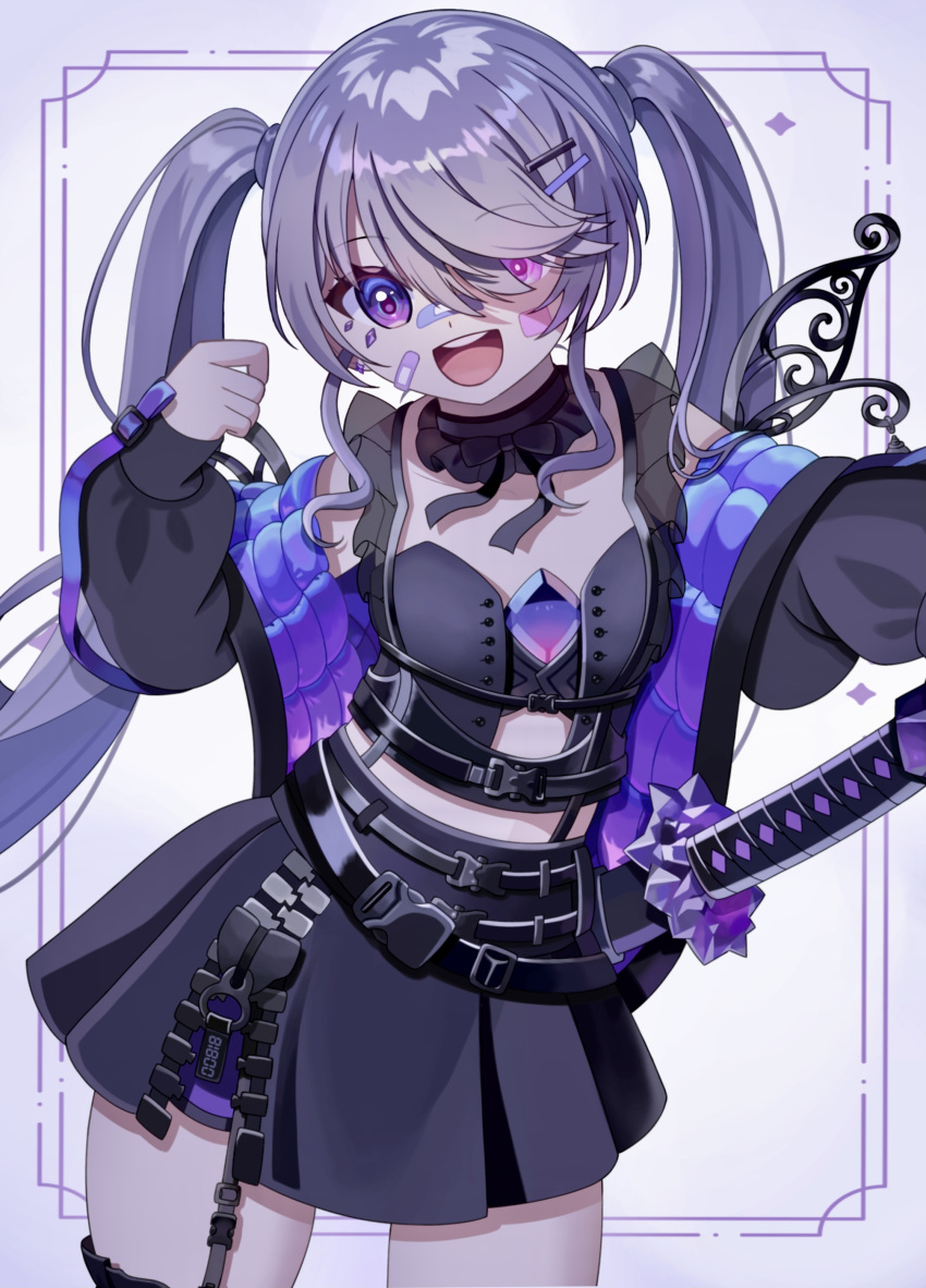 1girl, absurdres, black_jacket, black_shirt, black_skirt, chest_jewel, frilled_shirt, frills, gem, grey_hair, heterochromia, highres, hololive, hololive_english, jacket, jewel_under_eye, koseki_bijou, koseki_bijou_(casual), long_hair, looking_at_viewer, metal_wings, miniskirt, neuamane, official_alternate_costume, official_alternate_hairstyle, open_mouth, pink_eyes, purple_gemstone, quilted_jacket, shirt, skirt, solo, teeth, tomato_(sword), twintails, violet_eyes, virtual_youtuber