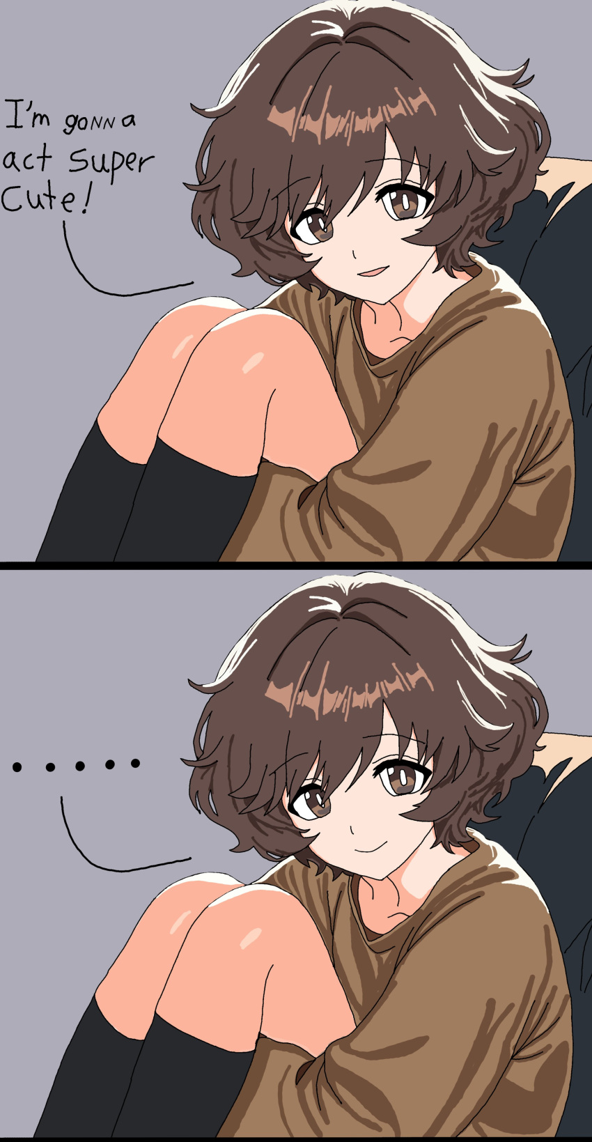1girl, absurdres, akiyama_yukari, black_socks, brown_eyes, brown_hair, brown_shirt, closed_mouth