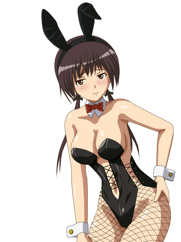 breasts, brown_hair, bunny_ears, bunny_girl, bunnysuit, fishnet_pantyhose, fishnets, gertrud_barkhorn, hiro_(hankakudouga), large_breasts, large_breats, pantyhose, strike_witches, twintails, wrist_cuffs