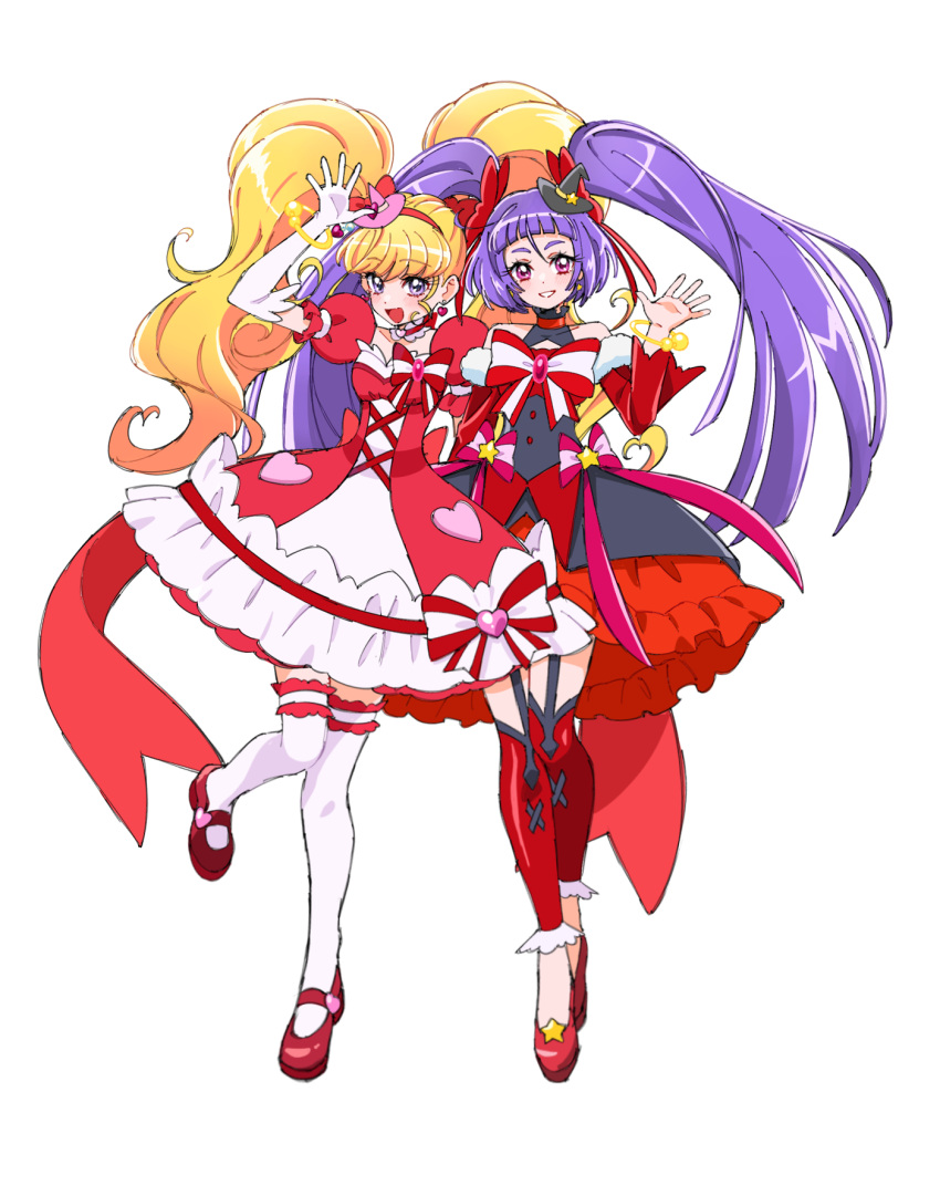 2girls, :d, arm_up, asahina_mirai, black_hat, blonde_hair, blunt_bangs, cure_magical