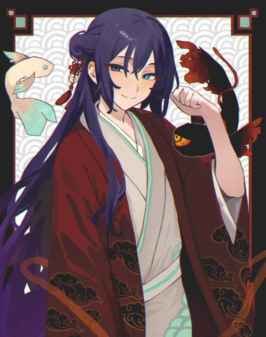 1boy, aqua_eyes, chinese_clothes, closed_mouth, cowboy_shot, fish, hair_bun, hair_ornament