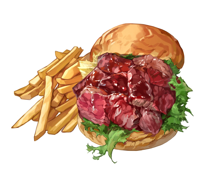 bread, burger, commentary_request, danryoku_(ucrh3525), food, food_focus, french_fries, highres, lettuce, meat, original, simple_background, still_life, white_background