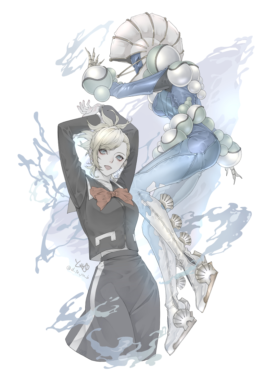 2girls, arms_up, blonde_hair, blue_eyes, highres, lisa_silverman, looking_at_viewer, multiple_girls