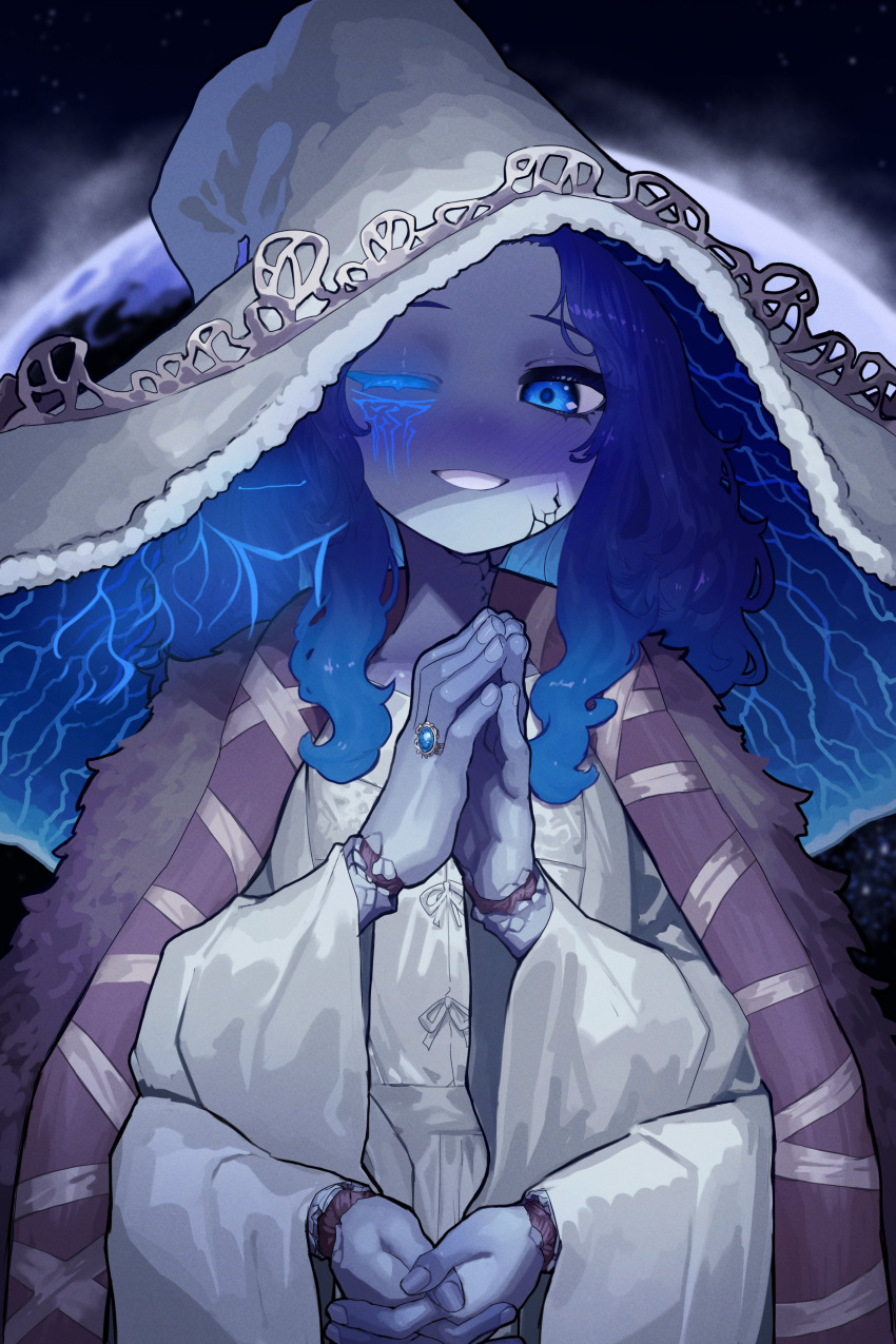 1girl, absurdres, blue_eyes, blue_hair, blue_skin, blush, brown_cloak, cloak