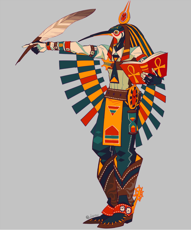 1boy, ankh, bird_boy, book, boots, cowboy_boots, eda, egyptian_mythology, full_body, furry, furry_male, grey_background, holding, holding_book, holding_quill, looking_to_the_side, male_focus, multiple_wristwatches, nemes, pelvic_curtain, quill, sheriff_(western), sheriff_badge, shirt, simple_background, solo, spurs, standing, thoth_(mythology), watch