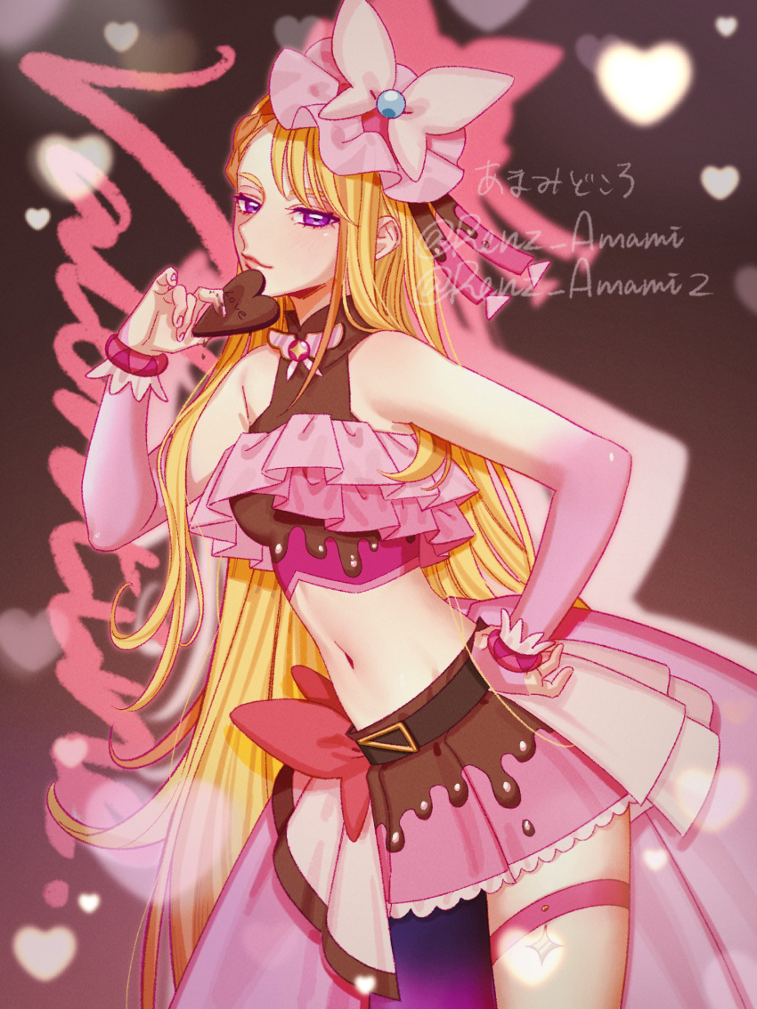 1girl, adapted_costume, artist_name, belt, black_belt, blonde_hair, bow, bow_skirt
