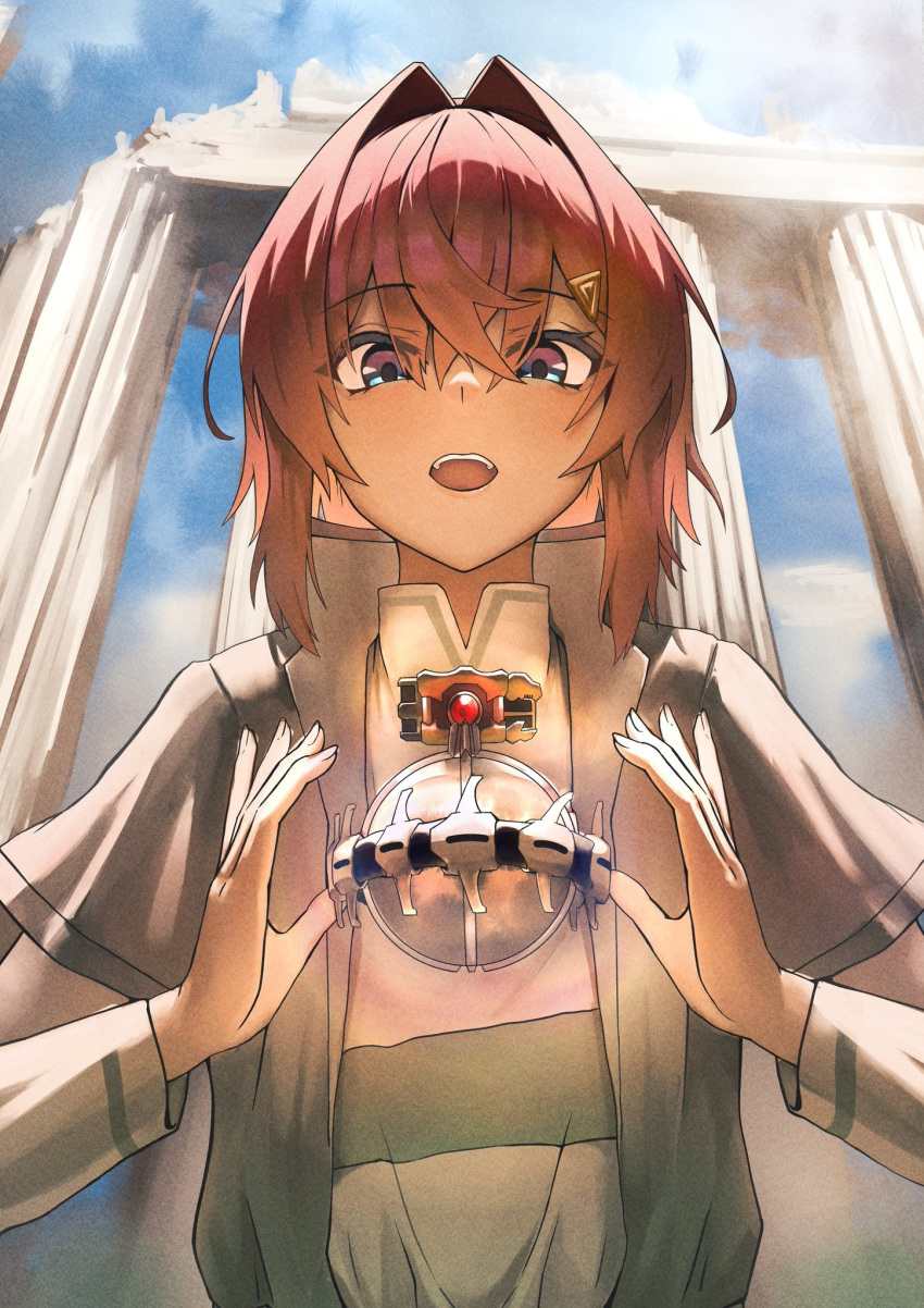 1girl, ange_katrina, blue_eyes, blue_sky, coat, commentary_request, crossed_bangs, day