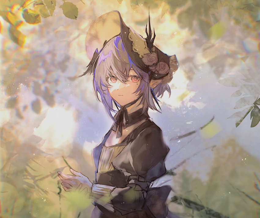 1boy, aged_down, arknights, armband, black_bonnet, black_dress, blurry, blurry_background, bonnet, chinese_commentary, commentary, crossdressing, dress, earrings, expressionless, flower, from_side, grey_hair, hair_between_eyes, hat, hat_flower, head_wings, highres, horns, horns_through_headwear, intblue_(sunnudagur), jewelry, juliet_sleeves, leaf, logos_(arknights), long_sleeves, looking_at_viewer, looking_to_the_side, male_focus, mole, mole_under_eye, outdoors, own_hands_together, pointy_ears, puffy_sleeves, red_eyes, short_hair, solo, upper_body, wings