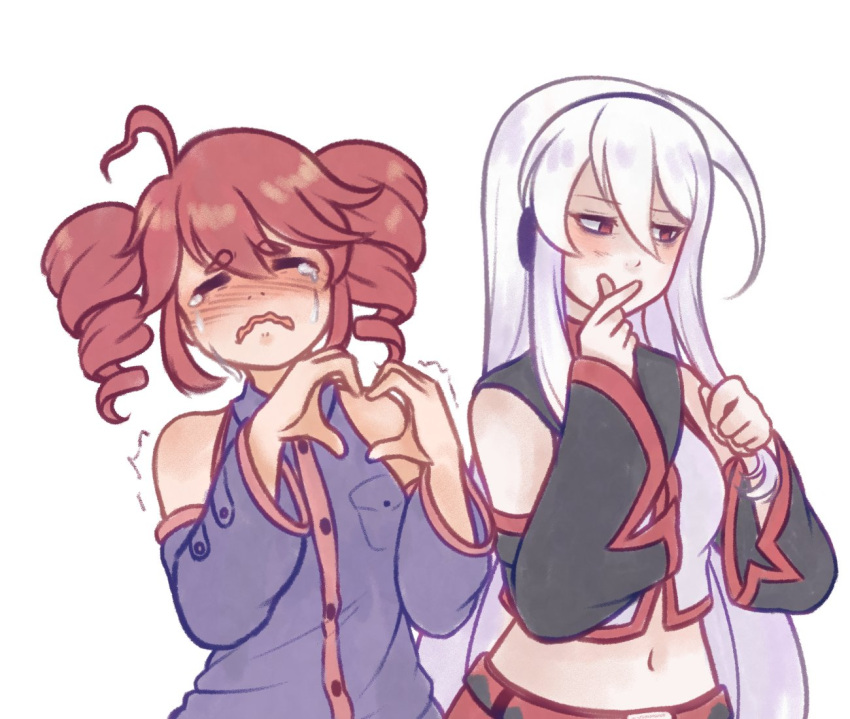 2girls, ahoge, bare_shoulders, black_shirt, black_skirt, blush, chanpotei, closed_mouth, collared_shirt, crying, detached_sleeves, drill_hair, english_commentary, finger_heart, grey_shirt, hair_between_eyes, hat, heart, heart_hands, kasane_teto, long_sleeves, midriff, multiple_girls, navel, open_mouth, red_eyes, red_hair, red_skirt, shirt, simple_background, skirt, sleeveless, sleeveless_shirt, sukone_tei, tears, twin_drills, twintails, utau, white_background, white_hat, wing_collar