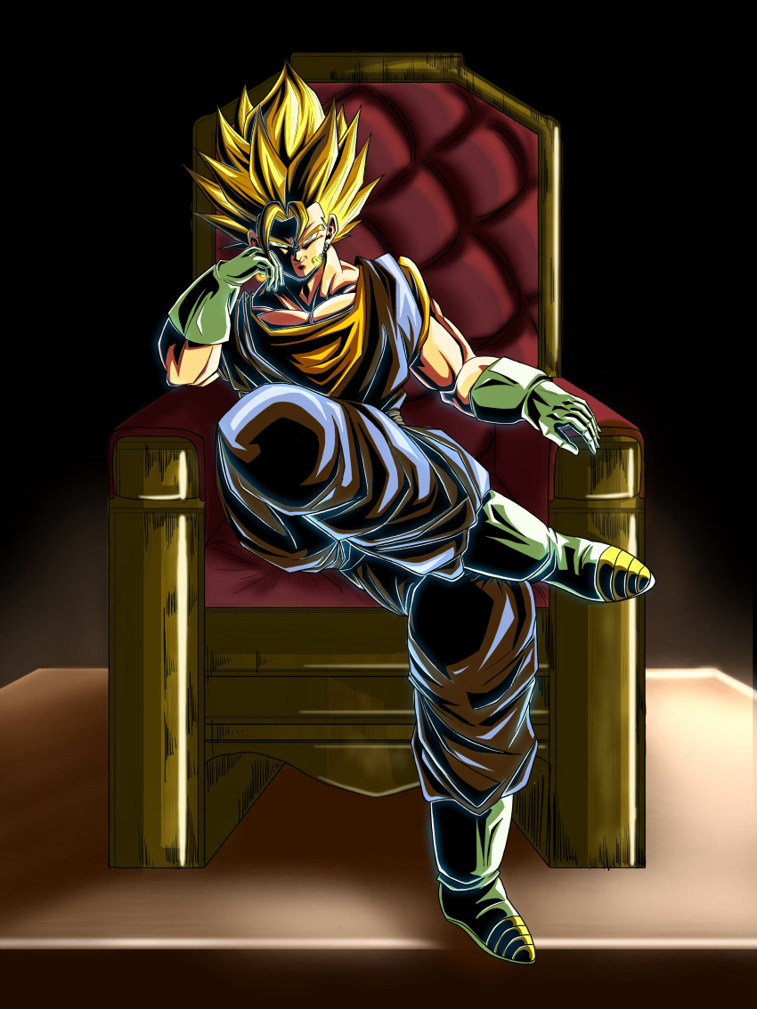1boy, absurdres, black_background, blonde_hair, blue_pants, blue_shirt, boots, dougi