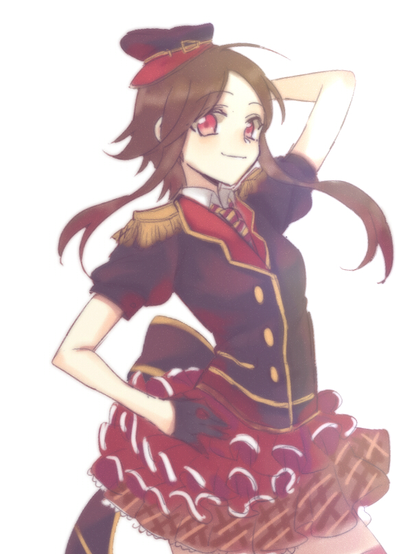 1girl, arm_up, back_bow, black_gloves, black_jacket, bow, brown_hair, collared_shirt