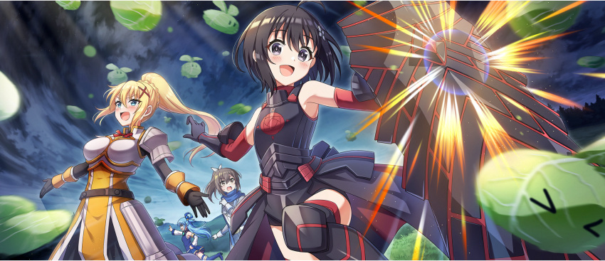 >_<, 4girls, :d, ahoge, aqua_(konosuba), armor, armored_boots, armpit_crease, black_armor, black_bodysuit, black_gloves, black_hair, blonde_hair, blue_boots, blue_coat, blue_eyes, blue_hair, blue_scarf, blue_shirt, blue_skirt, blush, bob_cut, bodysuit, boobplate, boots, braid, breastplate, breasts, brown_eyes, brown_hair, cabbage, cabbage_(konosuba), chasing, coat, creature, crossover, darkness_(konosuba), denim, denim_shorts, detached_sleeves, elbow_gloves, faulds, floral_print, from_below, game_cg, gloves, grey_coat, grey_eyes, hair_between_eyes, hair_ornament, hair_ribbon, hair_rings, hairpin, hand_up, high_heel_boots, high_heels, highres, holding, holding_shield, itai_no_wa_iya_nano_de_bougyoryoku_ni_kyokufuri_shitai_to_omoimasu, kono_subarashii_sekai_ni_shukufuku_wo!, konosuba!_fantastic_days, large_breasts, leg_up, light_blush, long_hair, long_sleeves, looking_at_another, looking_at_viewer, maple_(bofuri), miniskirt, multicolored_coat, multiple_girls, neck_ribbon, official_art, open_clothes, open_coat, open_mouth, outdoors, outstretched_arm, outstretched_arms, overcast, pauldrons, ponytail, ponytail_with_braided_base, raised_eyebrows, red_gloves, red_ribbon, red_thighhighs, ribbon, rose_print, running, sally_(bofuri), scarf, shield, shirt, short_hair, shorts, shoulder_armor, sidelocks, single_hair_ring, single_pauldron, skirt, sky, sleeveless, sleeveless_shirt, small_breasts, smile, standing, sweatdrop, thigh-highs, thigh_boots, two-tone_coat, two-tone_gloves, v-shaped_eyebrows, vambraces, very_long_hair, white_gloves, white_ribbon, white_sleeves, x_hair_ornament