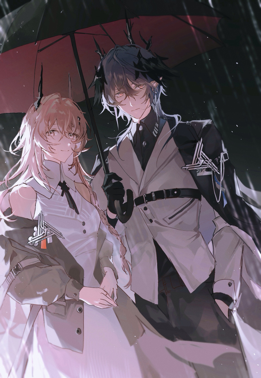 1boy, 1girl, absurdres, ambience_synesthesia, arknights, bare_shoulders, black_cape, black_necktie